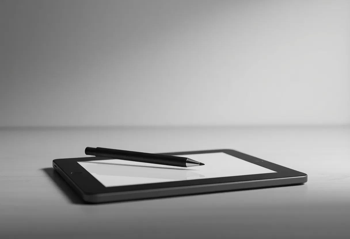A stylus resting on a blank grayscale e-ink tablet