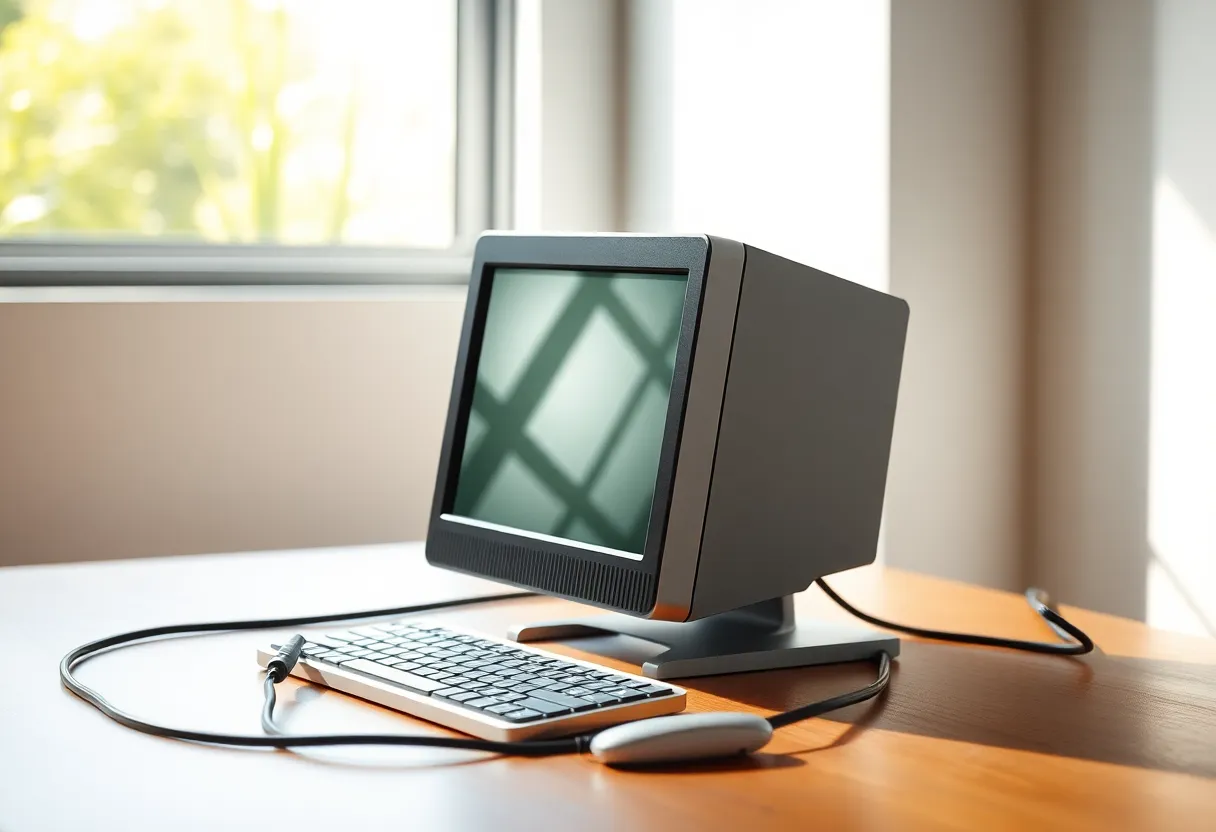A small desktop computer on a desk with an ethernet cable