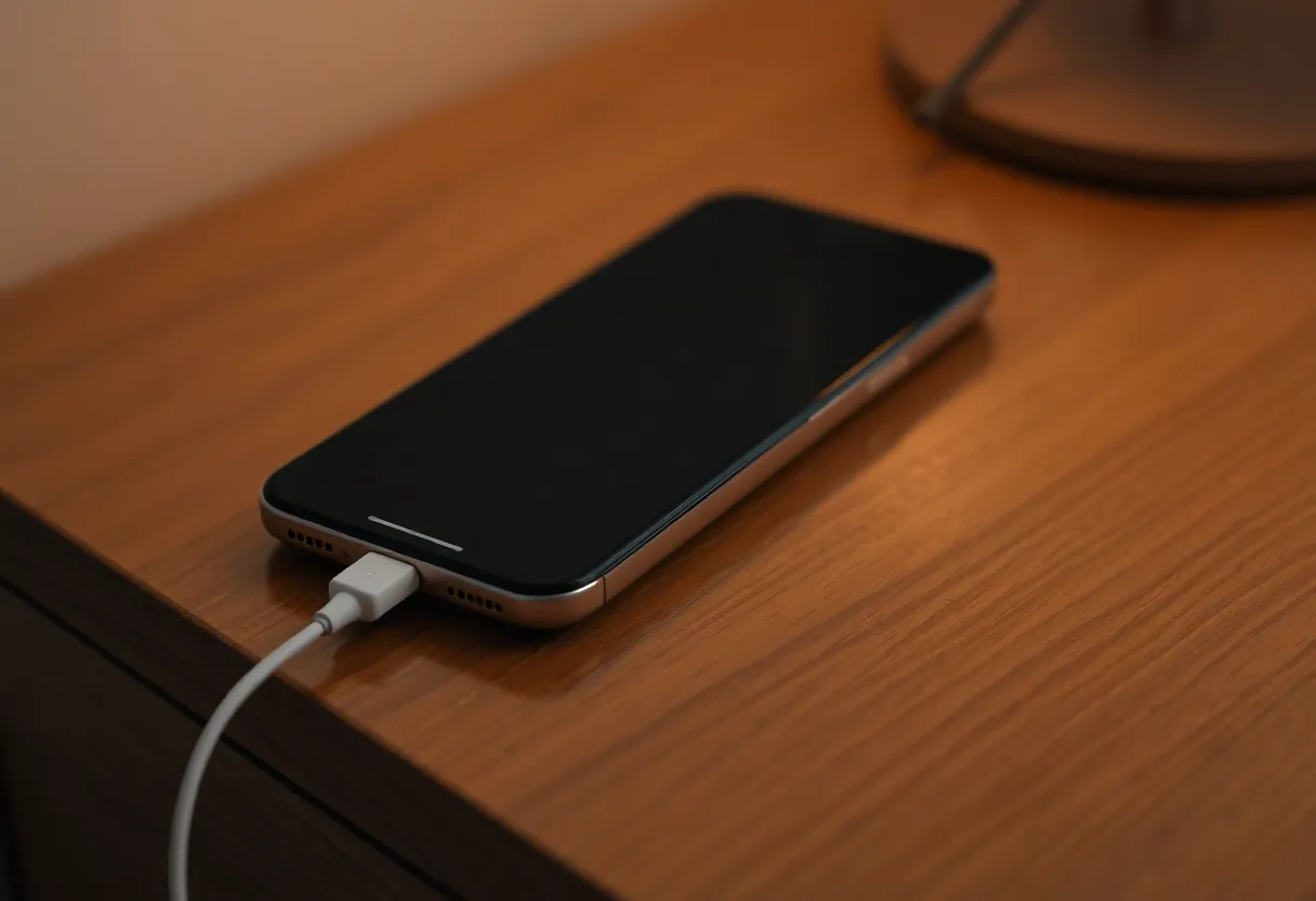 A phone charging on a nightstand with the screen off