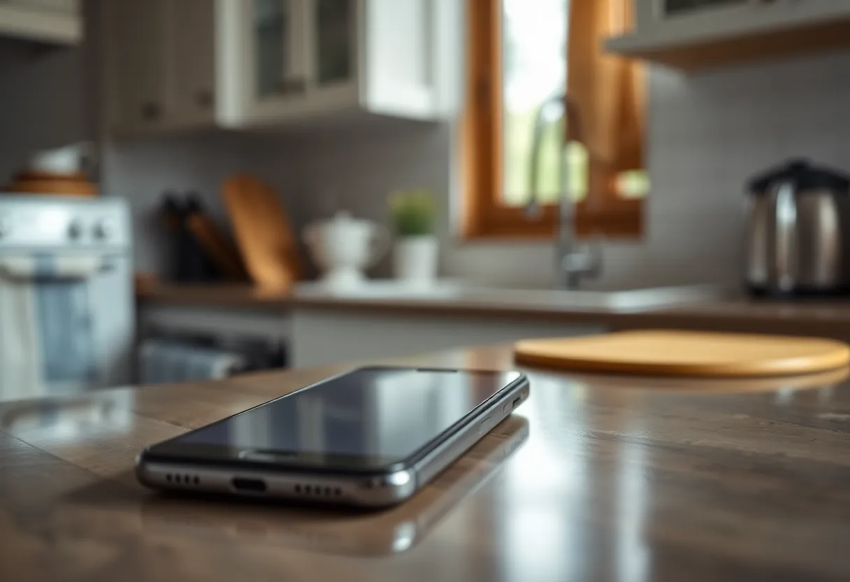 A smartphone on a kitchen counter with the screen blurred