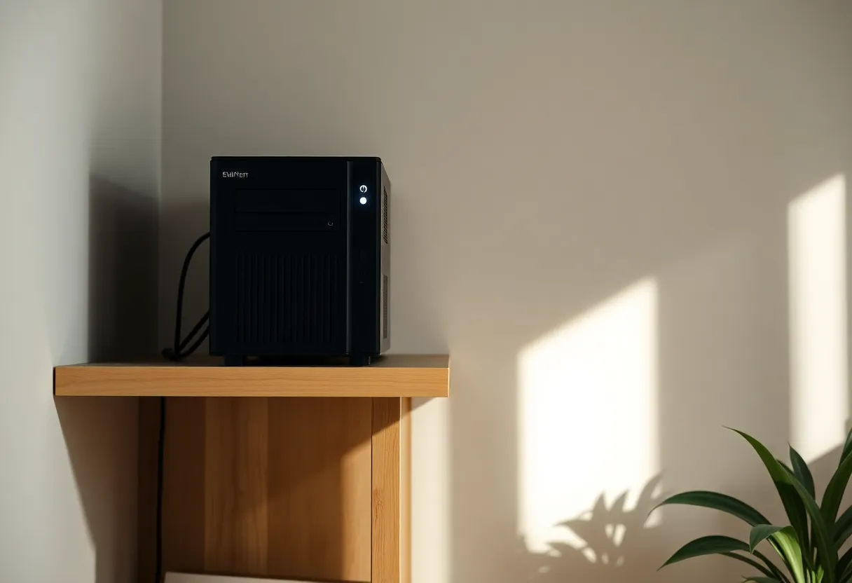 A small home server on a shelf with the power light off