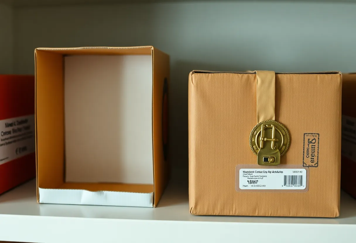 Two boxes on a shelf, one open and empty and one shut with a clasp