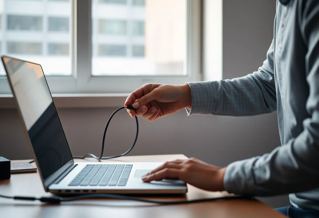 A person pausing before plugging a cable into a laptop
