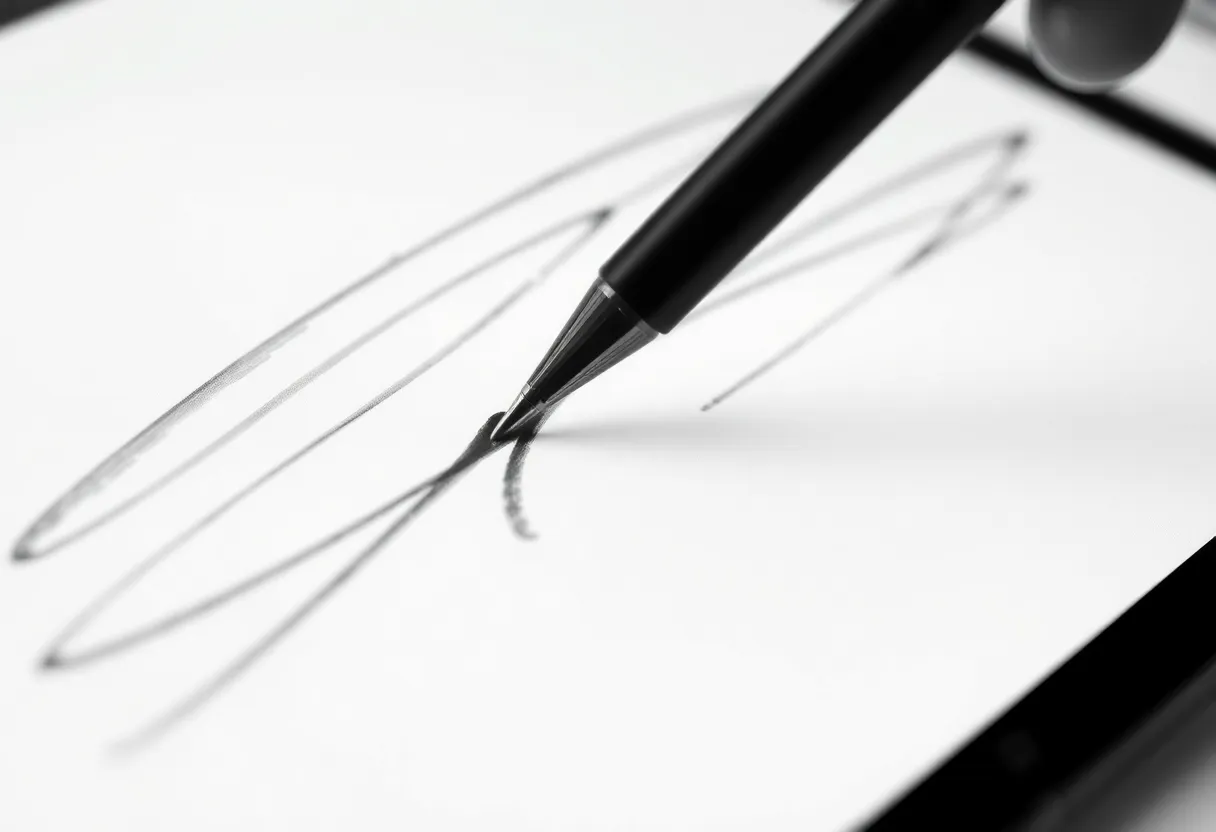 A stylus writing on a large grayscale e-ink tablet