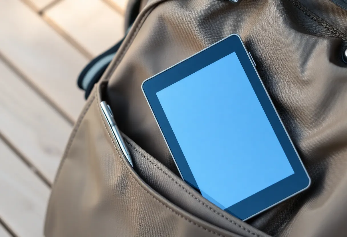 An e-ink tablet asleep in a backpack beside a paper notebook