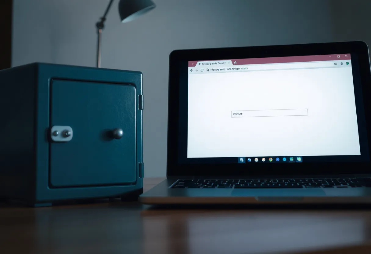 A laptop browser beside a closed metal key box