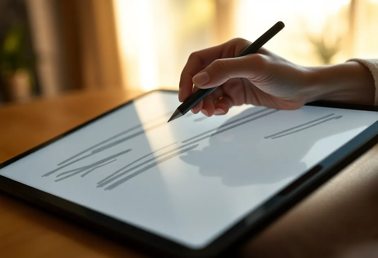 A hand holding a stylus over a grayscale e-ink tablet