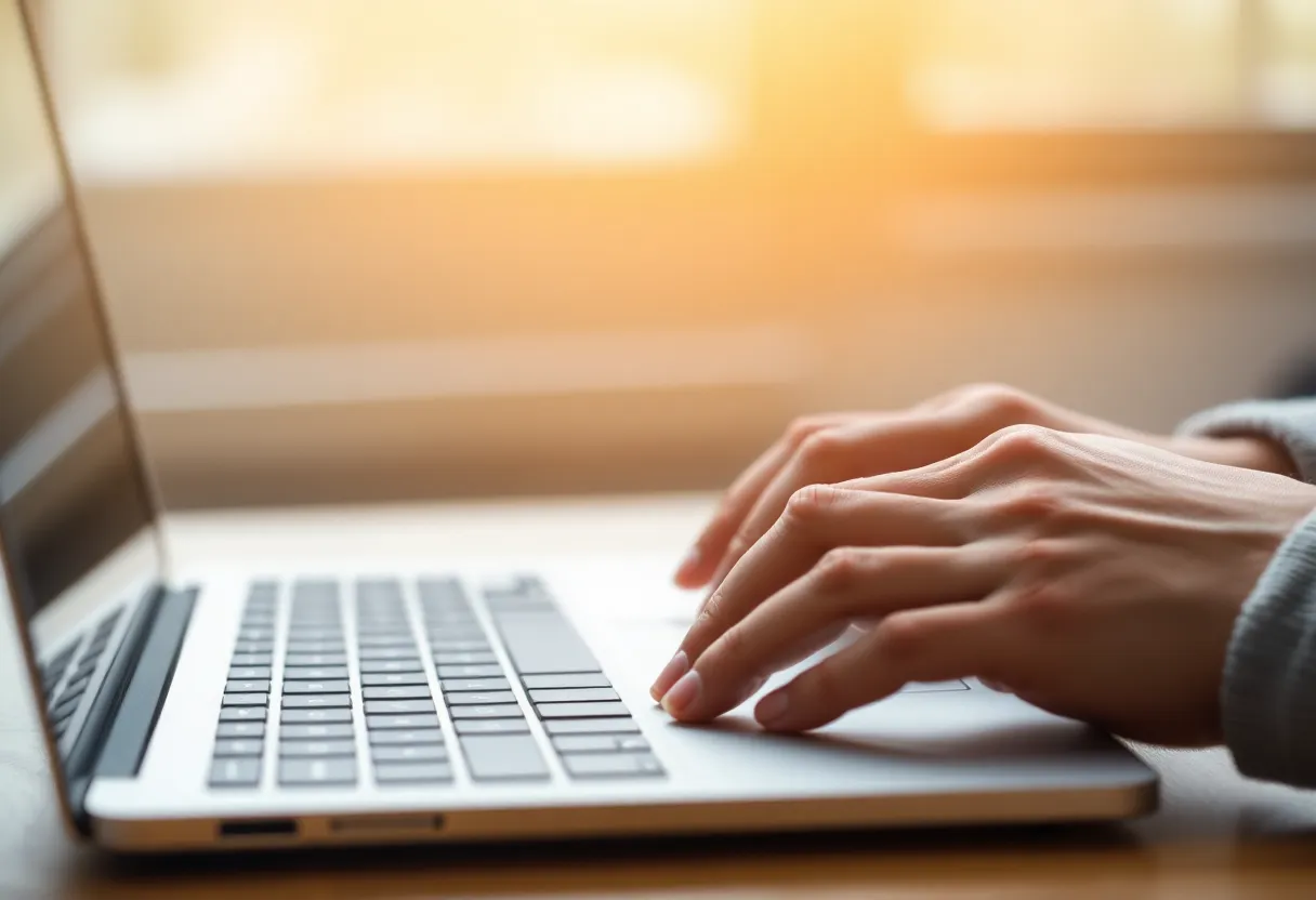Hands typing on a laptop with the screen out of focus