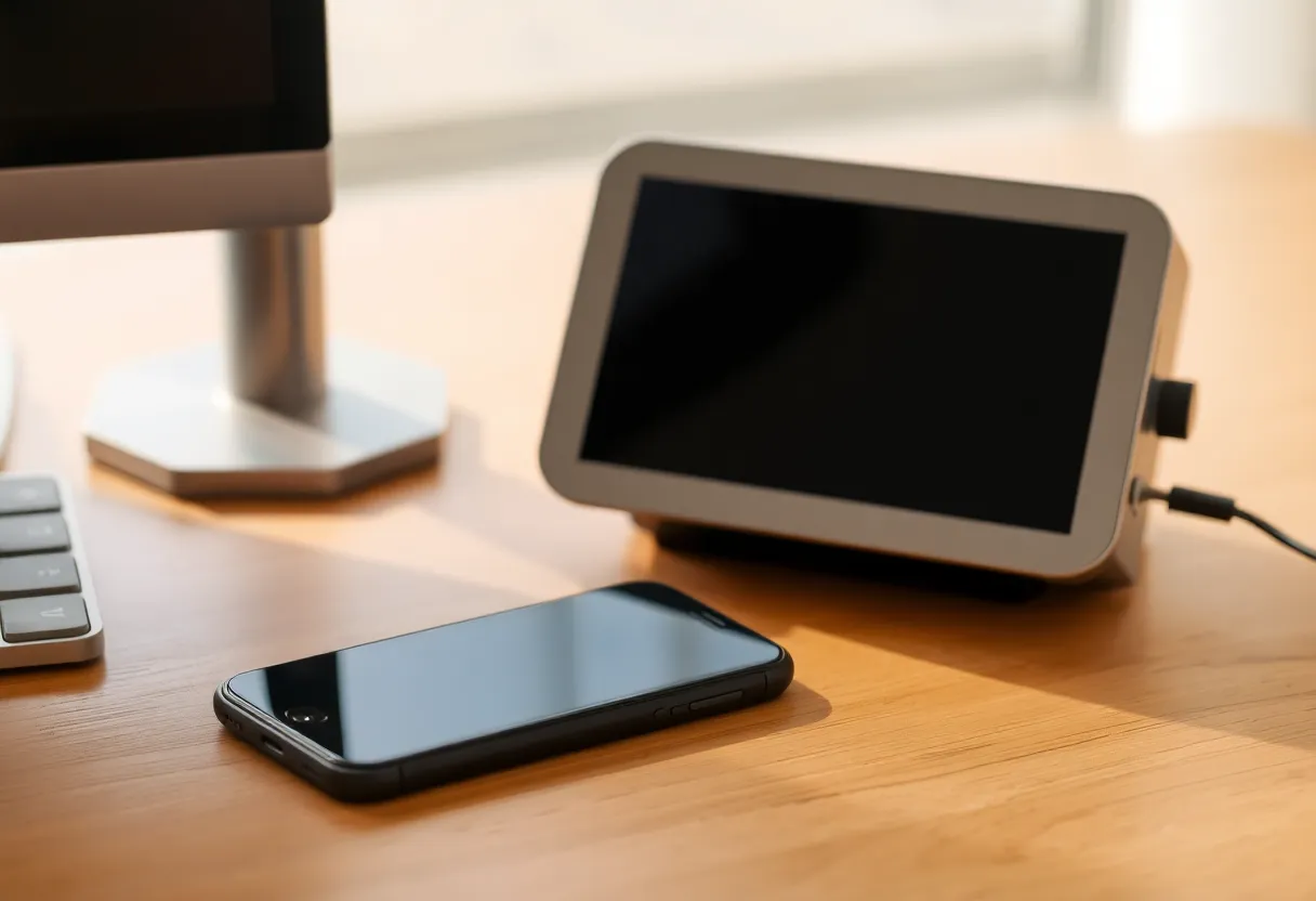 A phone beside a compact desktop computer, both idle