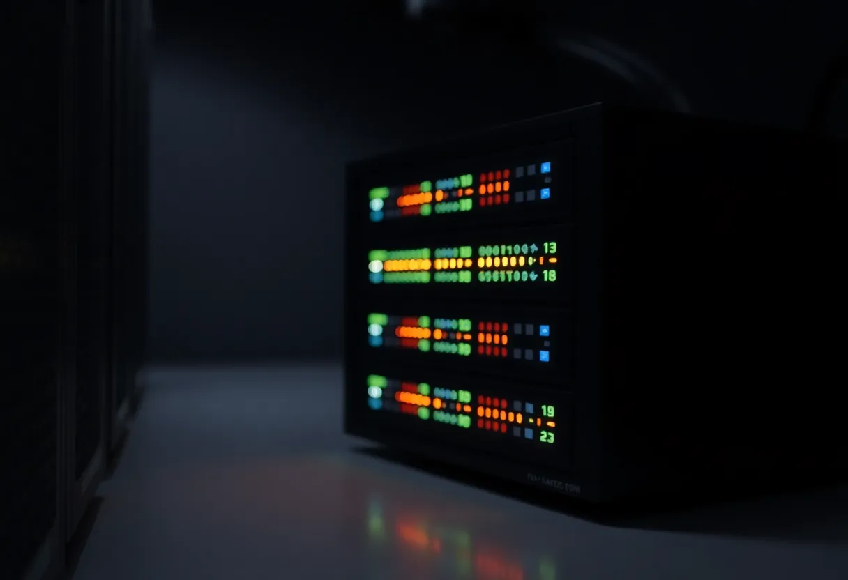 Indicator lights on a small computer in a dim room