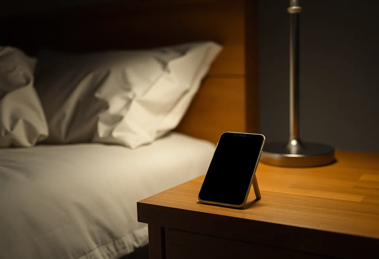 A phone on a bedside table at night beside a lamp