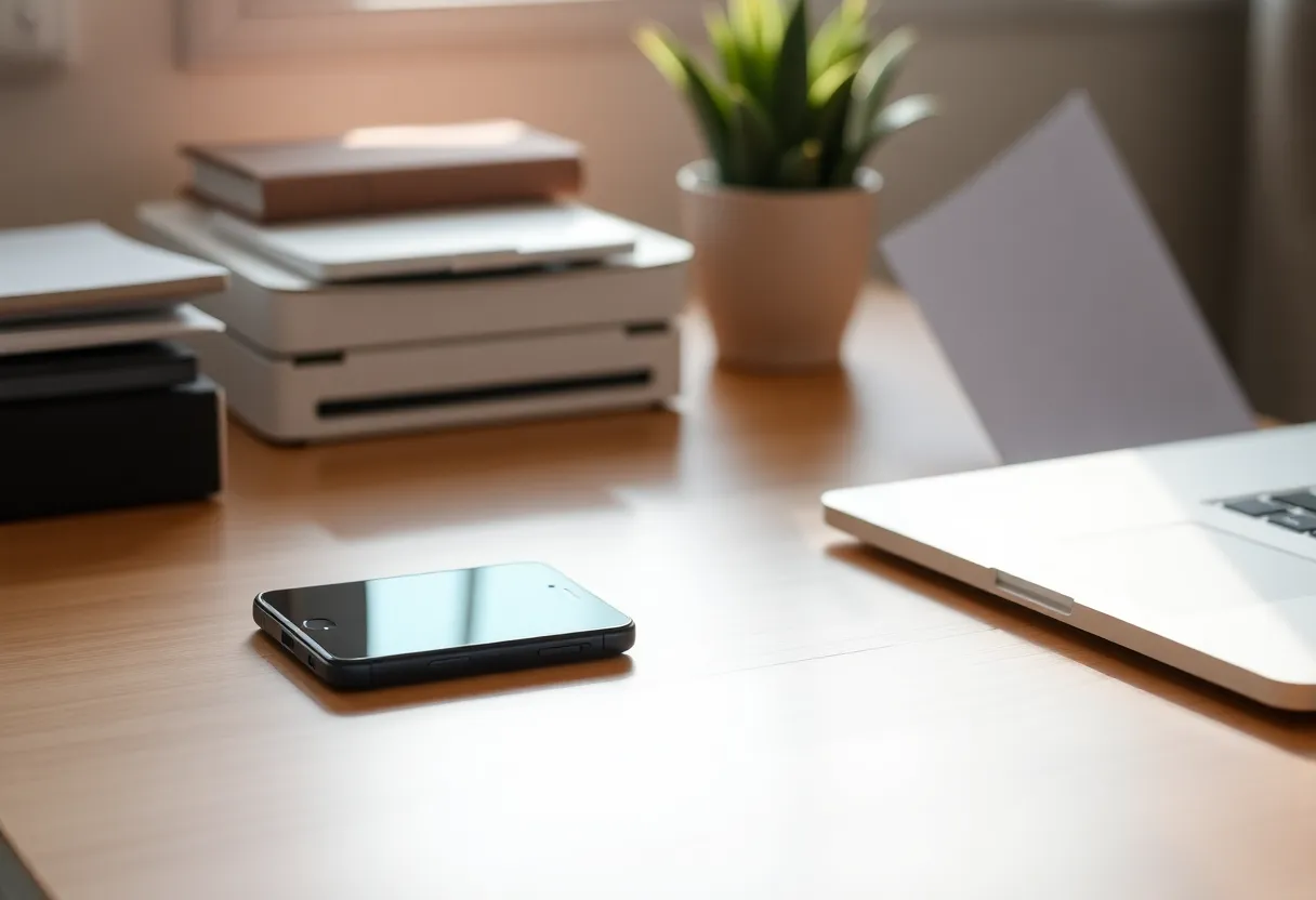 A phone on an office desk next to a closed laptop