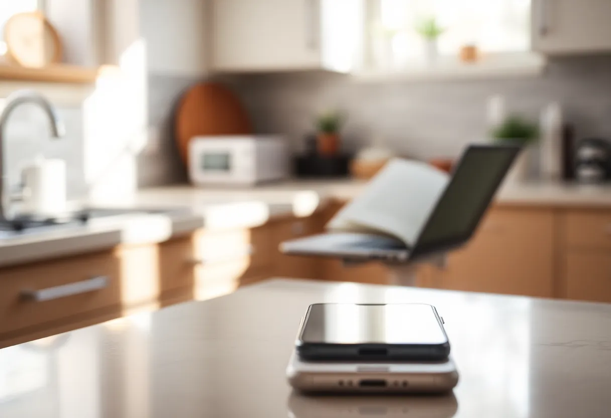 A phone lying on a kitchen counter with a laptop open in the next room