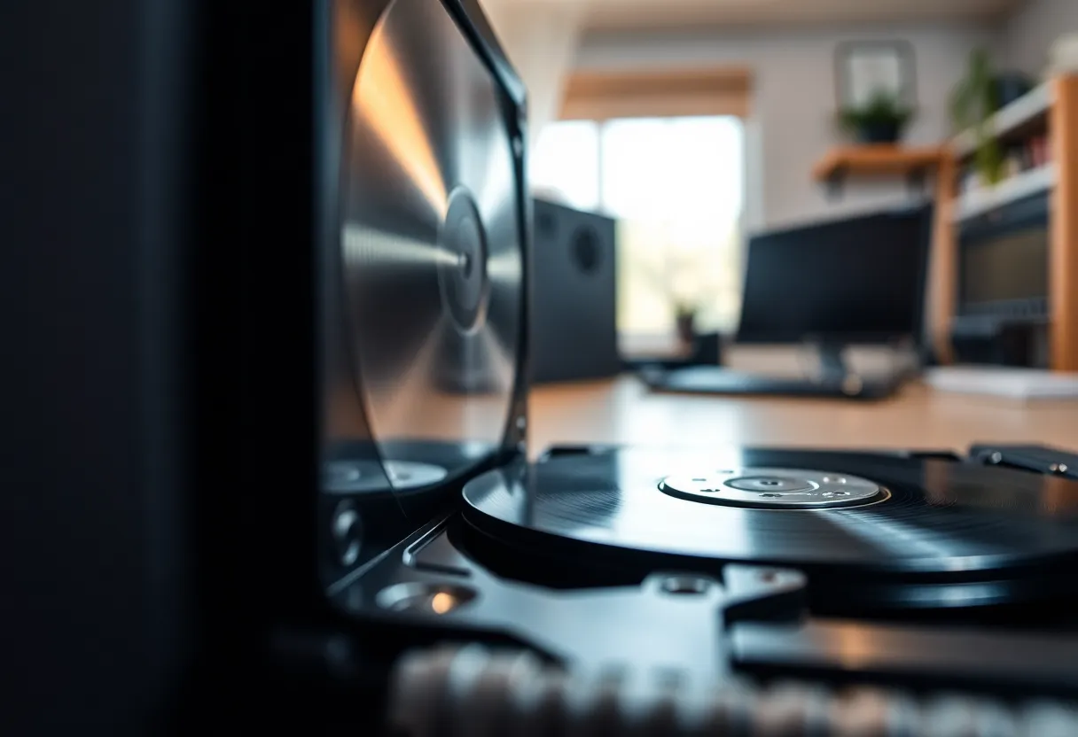A hard drive bay in a quiet home office