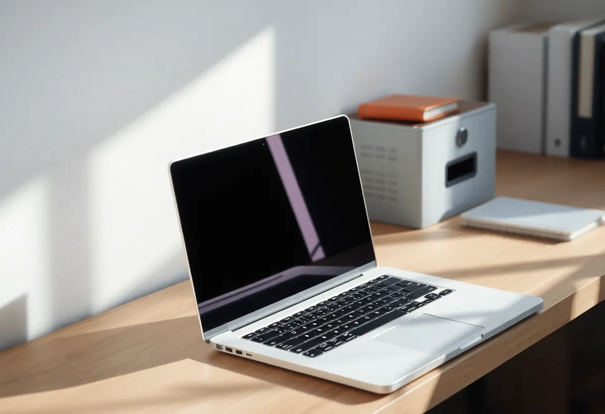 A closed notebook computer beside a small locked drawer