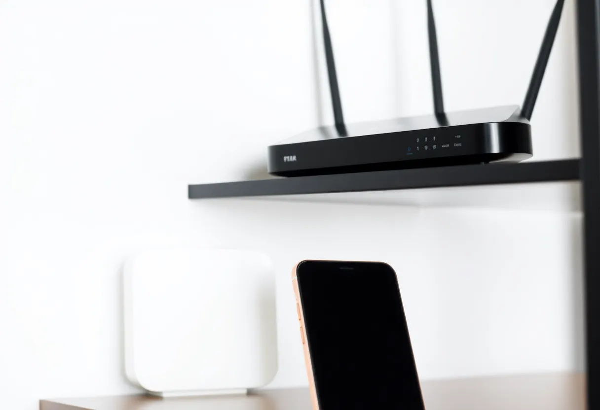 A smartphone beside a home router on a shelf