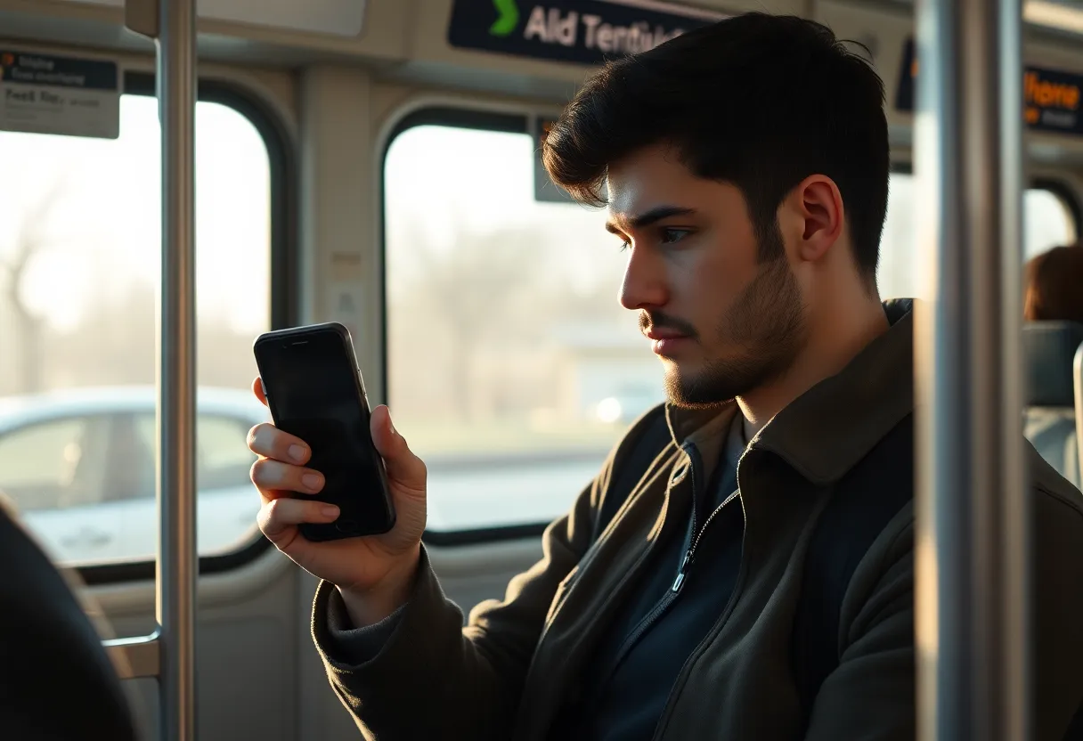 A commuter holding a smartphone on a bus with the screen dark