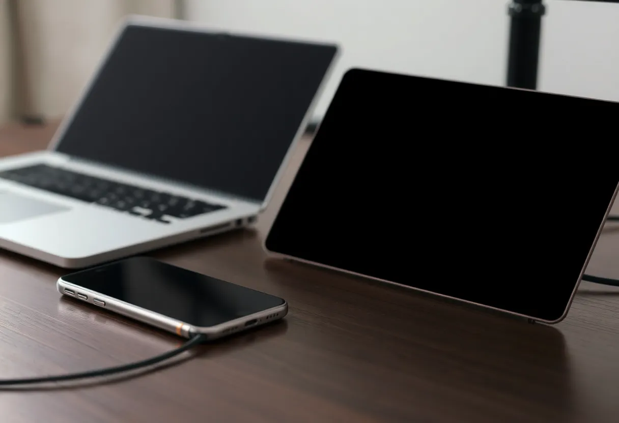 A phone and a laptop on a desk with the screens off