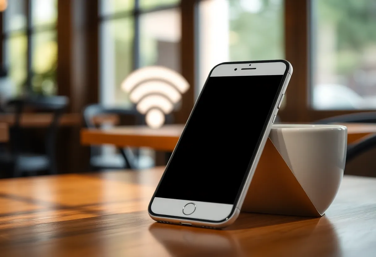 A phone in a cafe with the screen off
