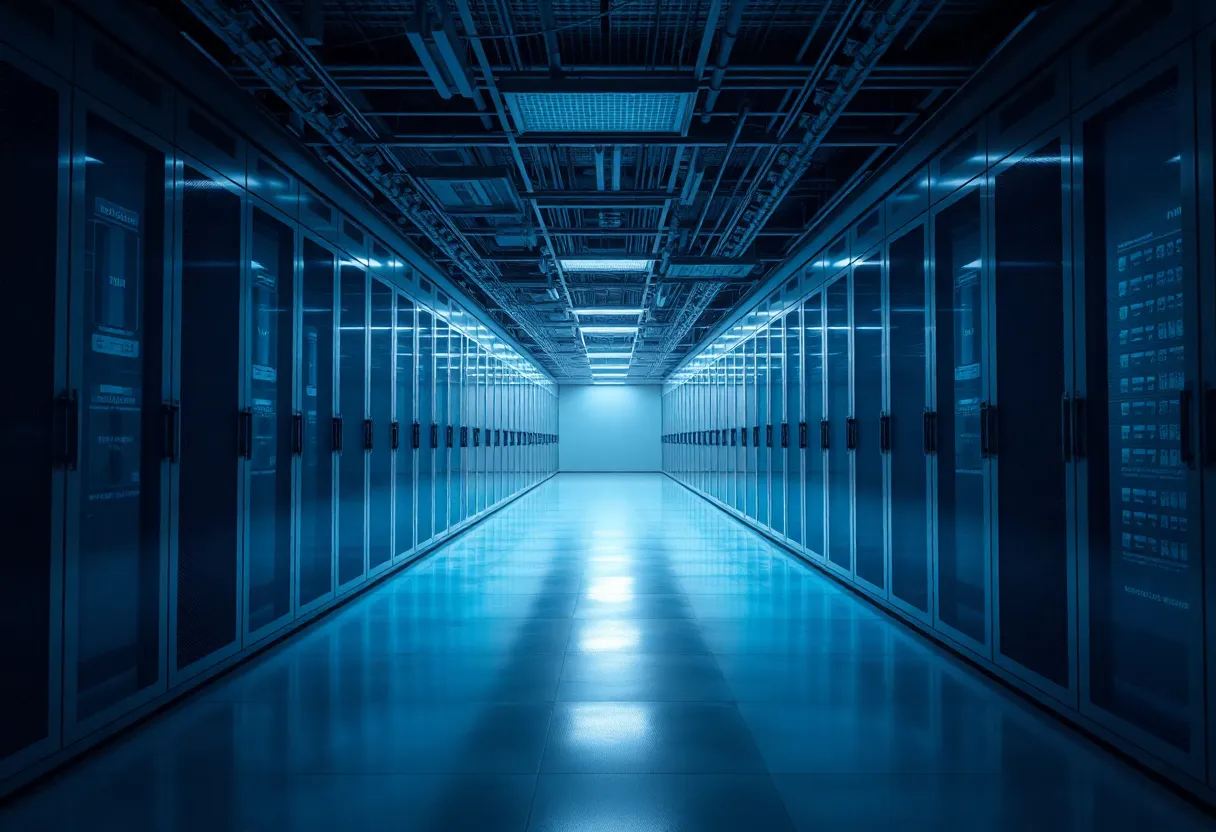 A quiet server-room aisle in soft light