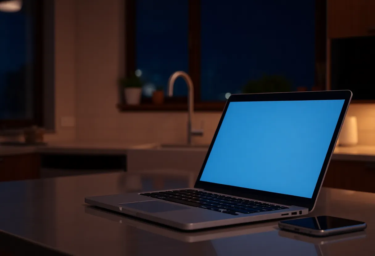 A closed laptop and a dark phone on a kitchen counter at night
