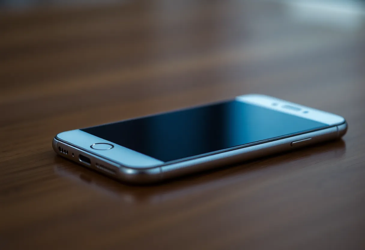 A locked phone glowing on a wooden table