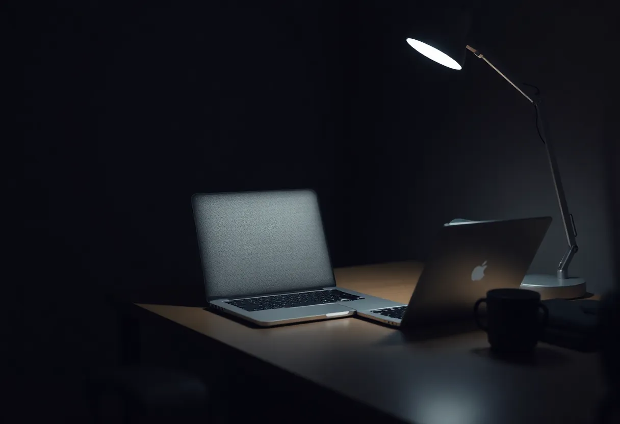 An empty chair at a desk with a laptop still open and a lamp on