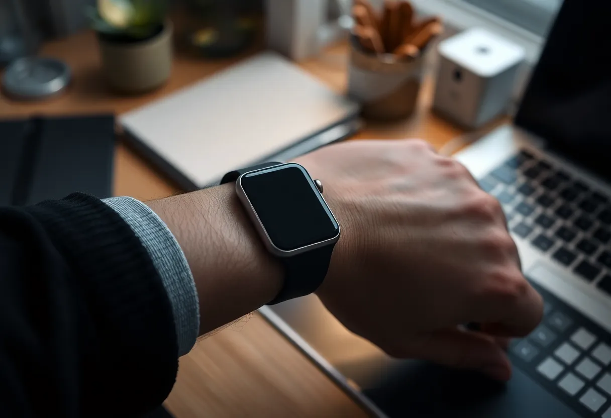 A wrist wearing a smartwatch at a desk with the screen dark