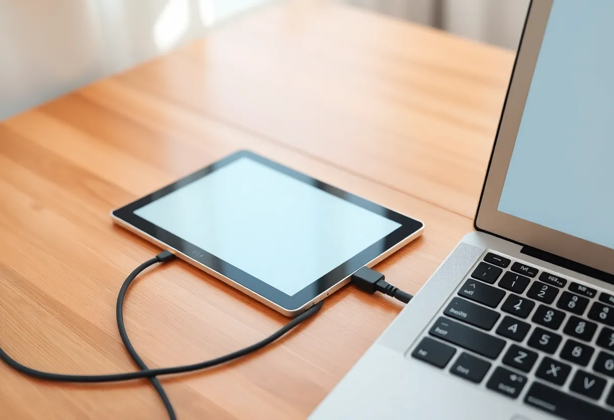 A USB cable plugged into a large e-ink tablet beside a laptop