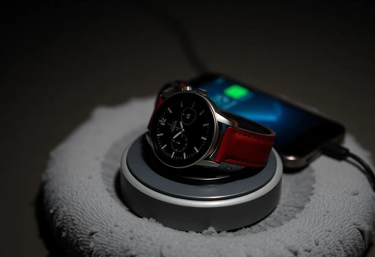 A smartwatch charging on a puck beside a phone at night