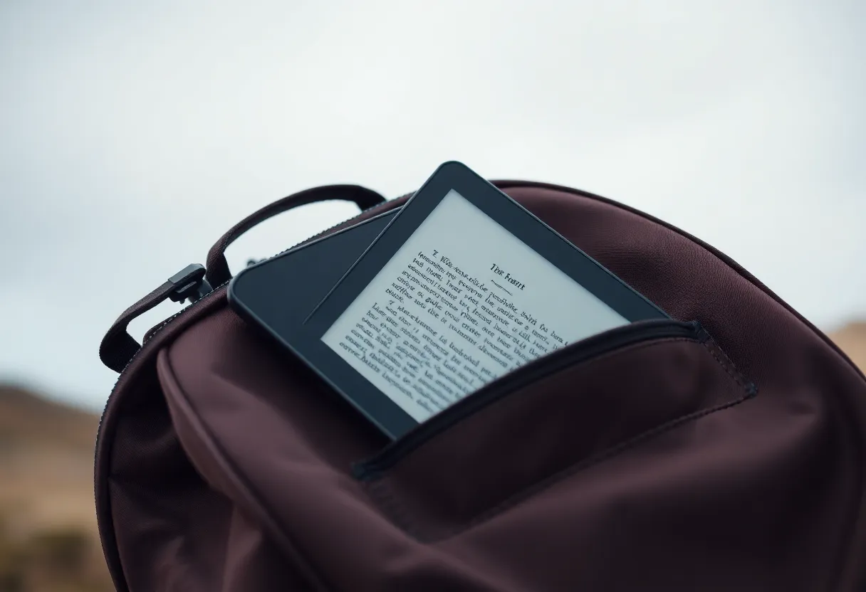 An e-ink tablet asleep in a backpack pocket