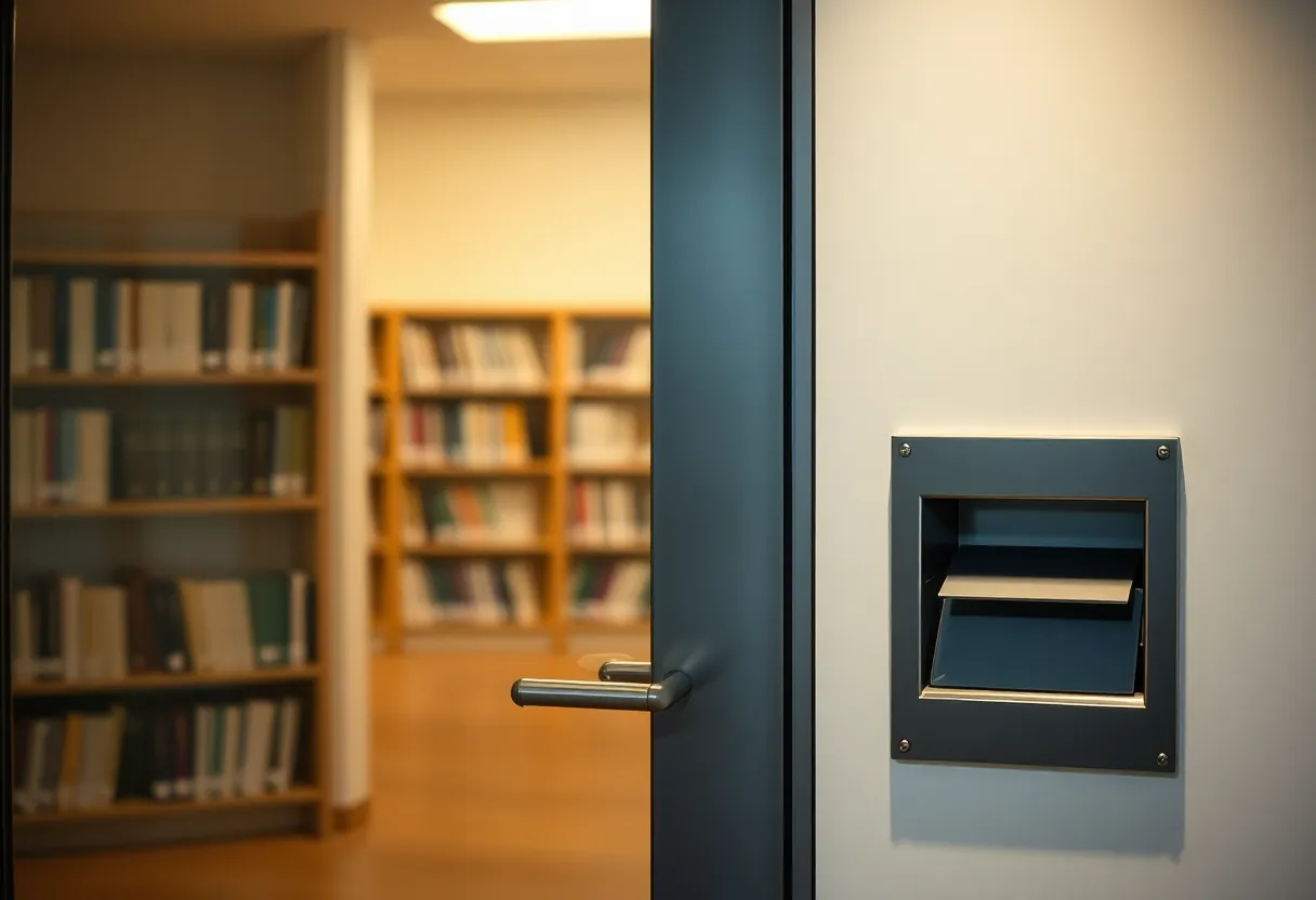 A glass door between a reading room and a mail slot