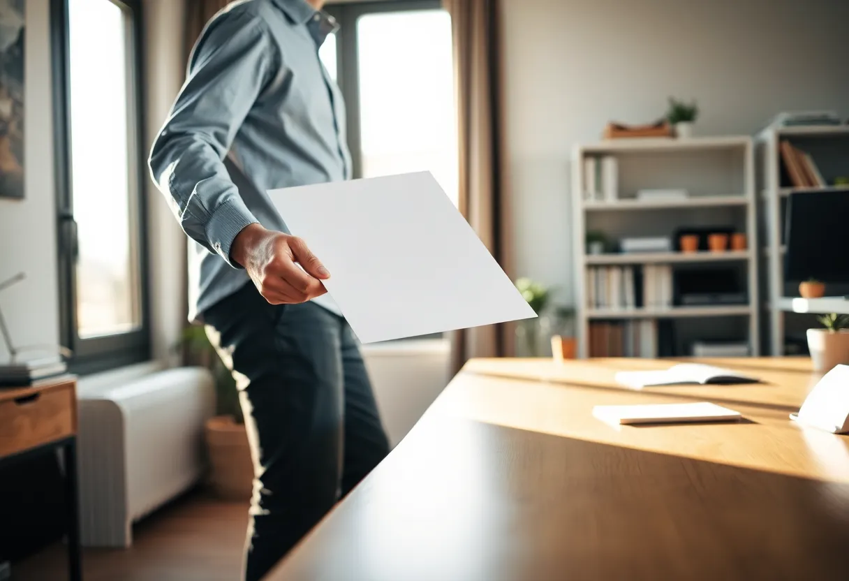 A person carrying a single sheet of paper from one table to another