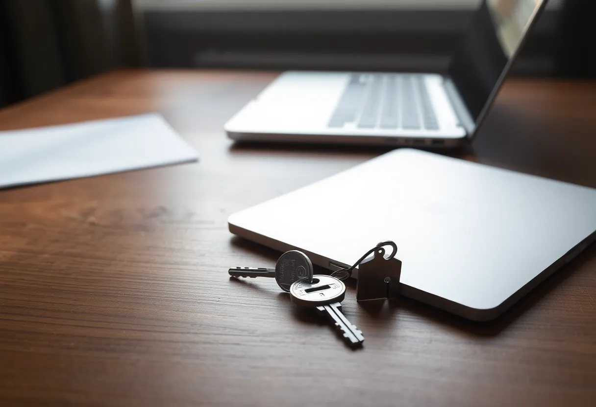 One key beside a single closed laptop