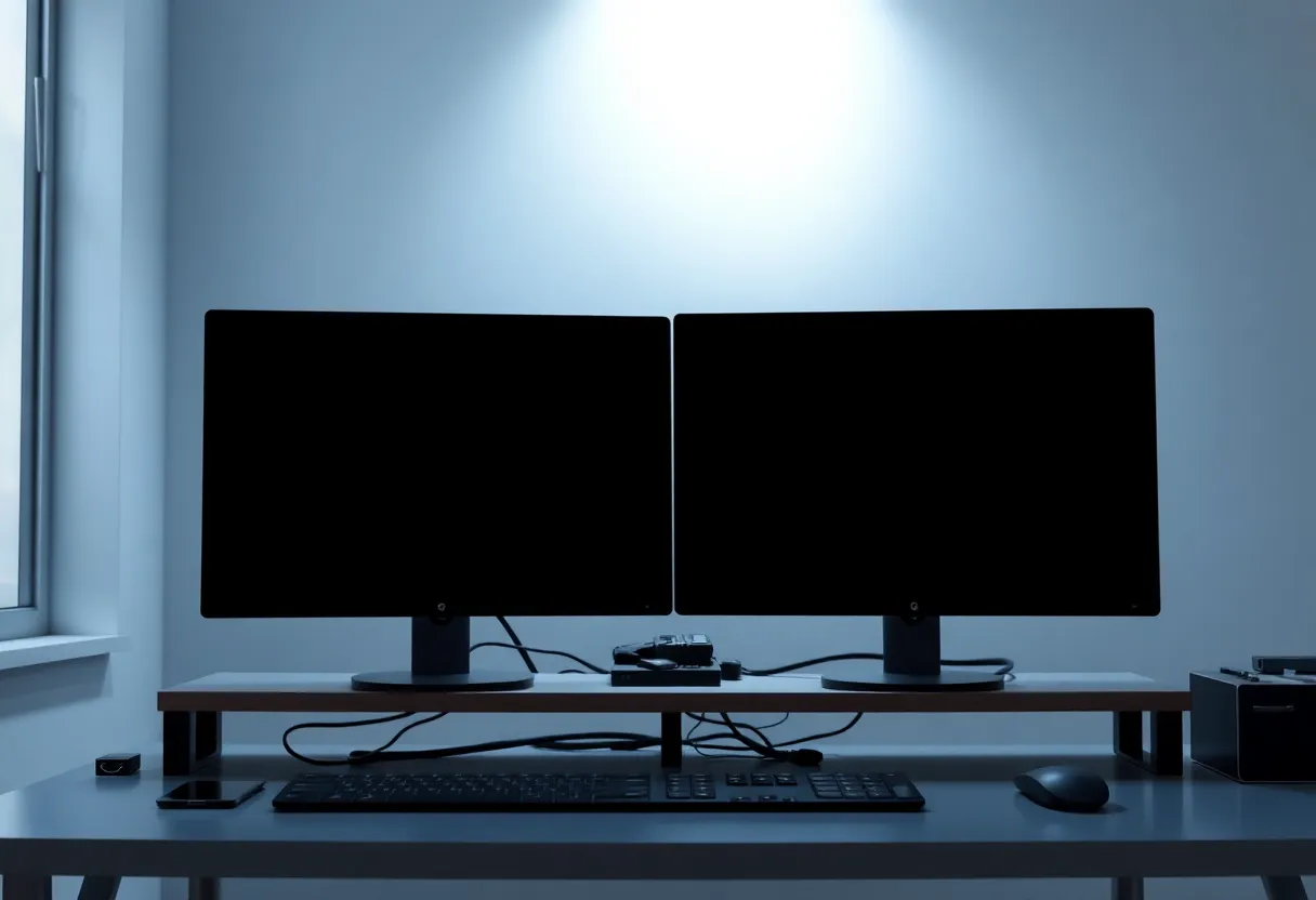 One desktop computer with two dark monitors