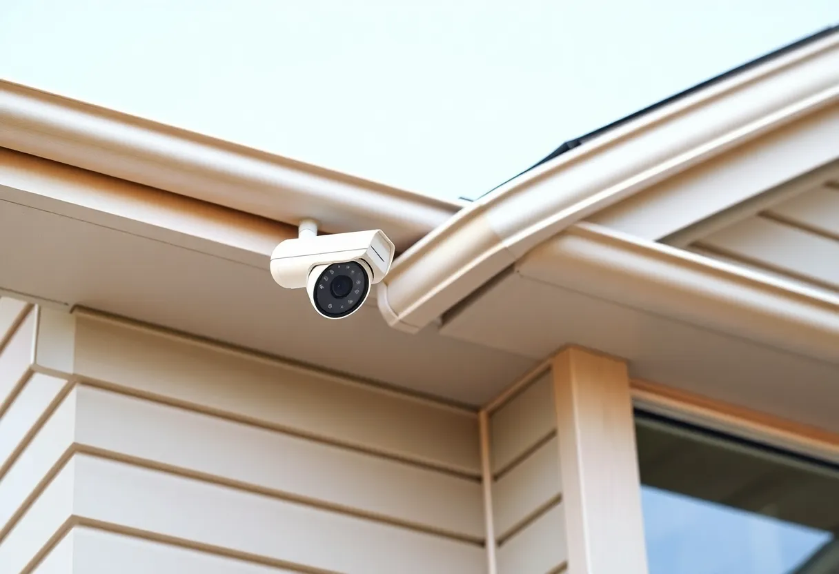 An outdoor security camera under the eave of a house