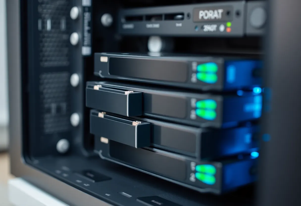 Hard drives stacked in a small home server