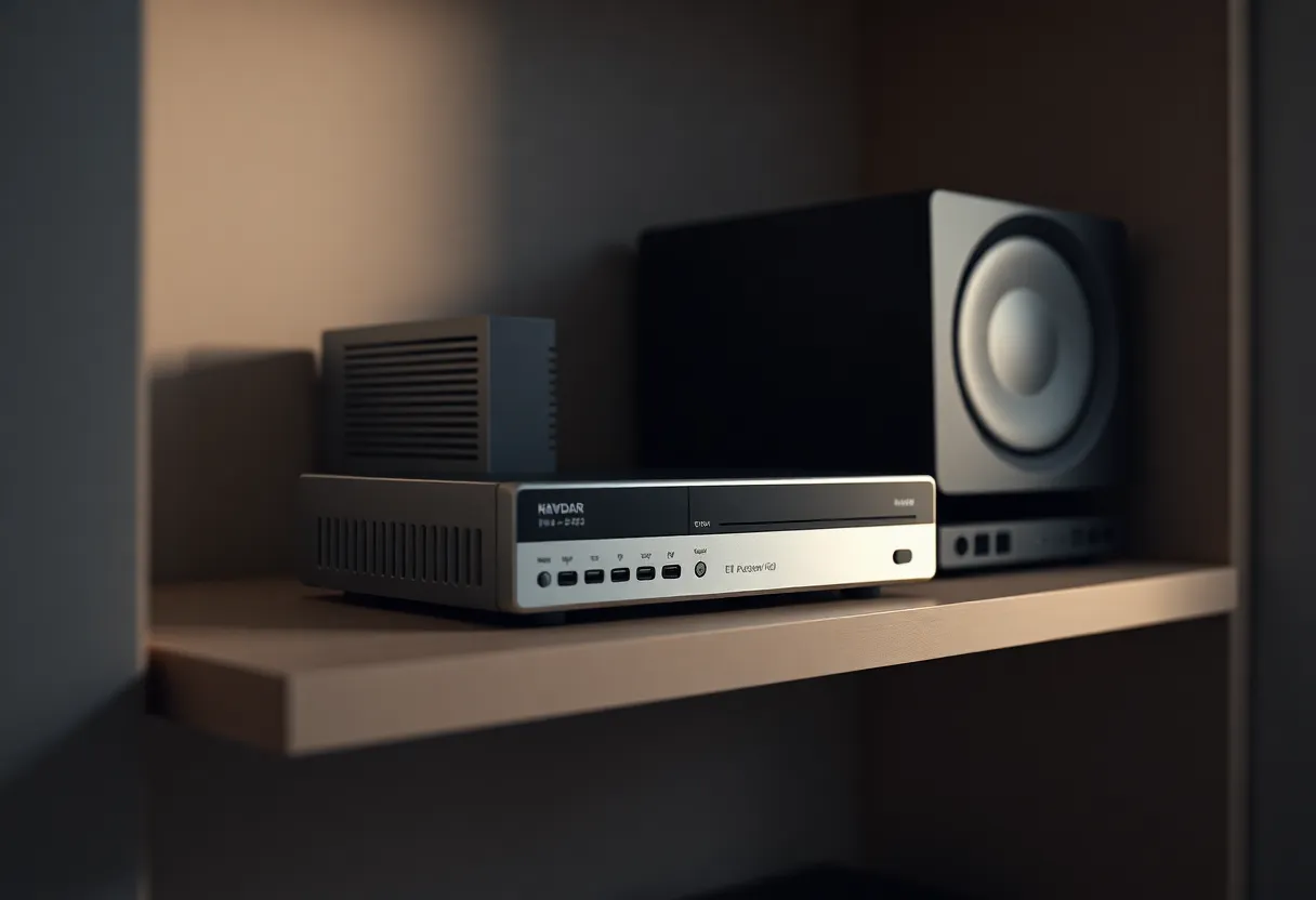 A small recorder computer and a hard drive on a dim shelf