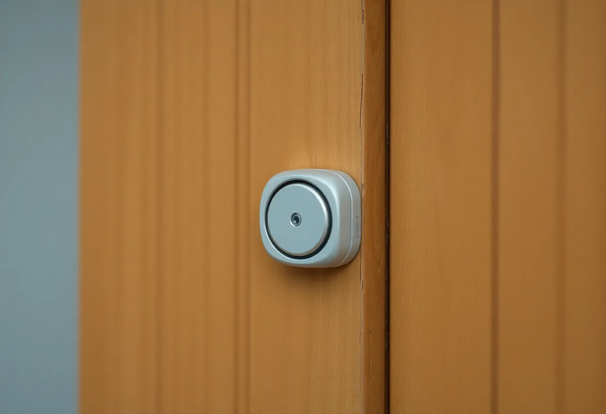 A small battery door sensor mounted on a wooden door frame