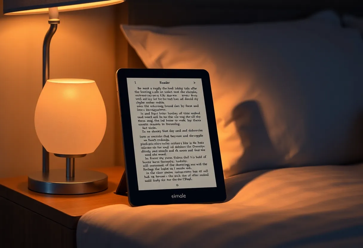 An e-reader standing on a nightstand under a warm lamp