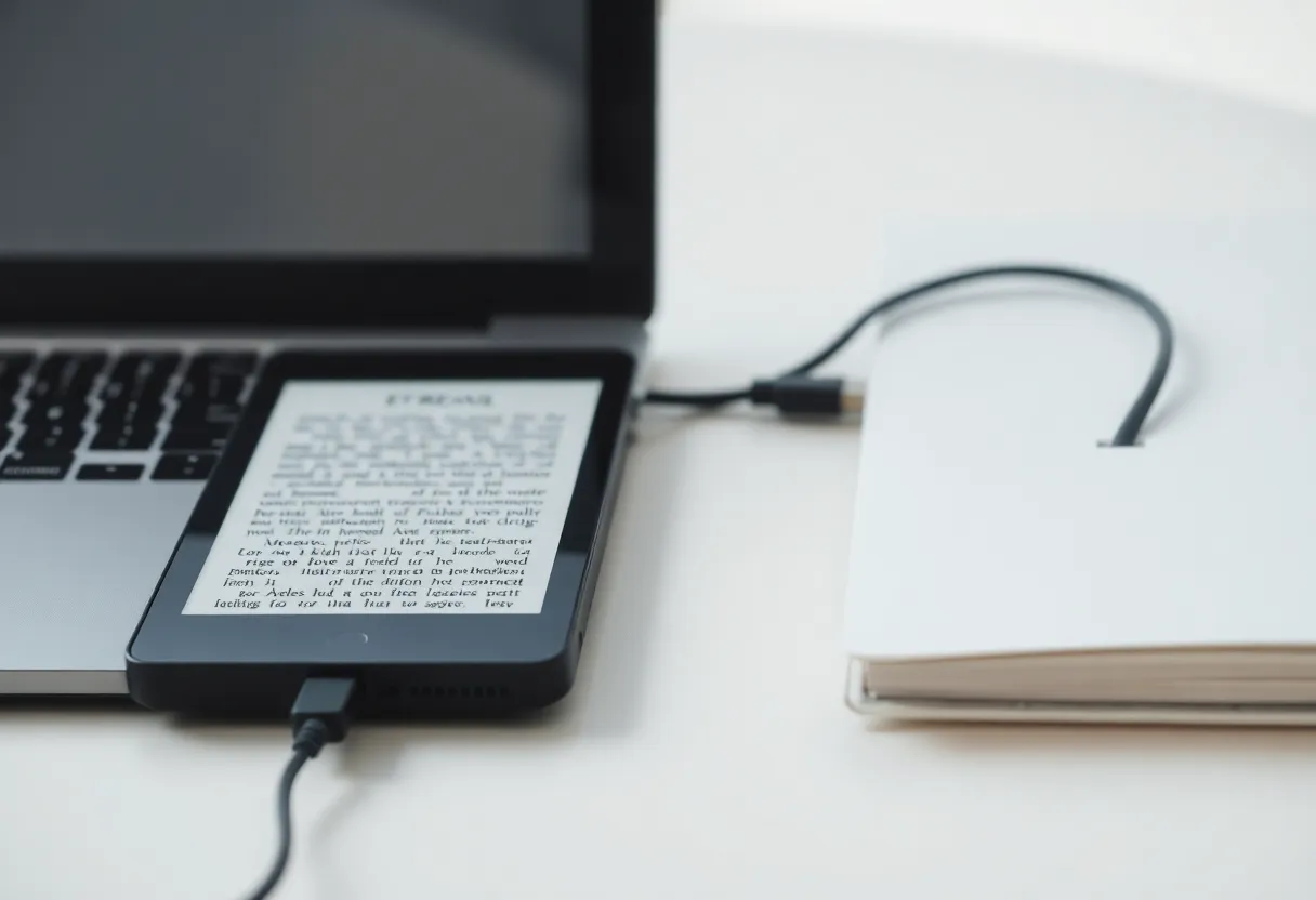 A USB cable connected to a small e-reader beside a closed notebook