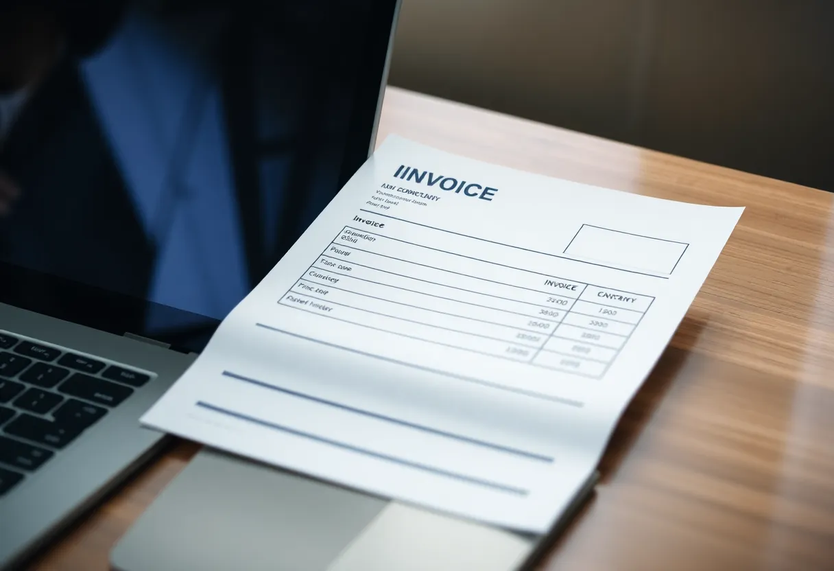 A printed invoice page beside a closed laptop