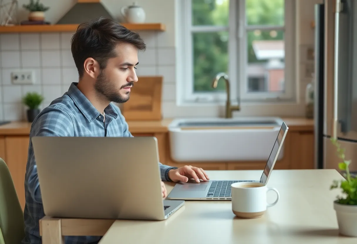 A closed laptop and a coffee cup on a kitchen table