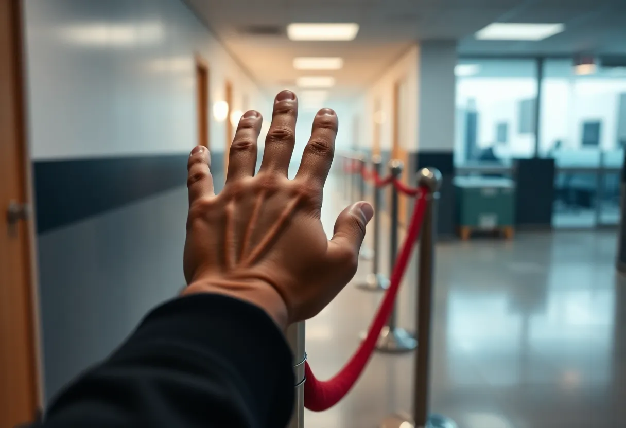 A hand stopped at a rope barrier in an office hallway