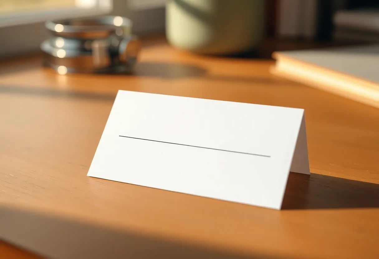 A blank index card with one empty line on a wooden desk