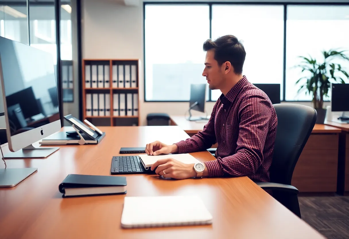 One person working at a desk with a single notebook