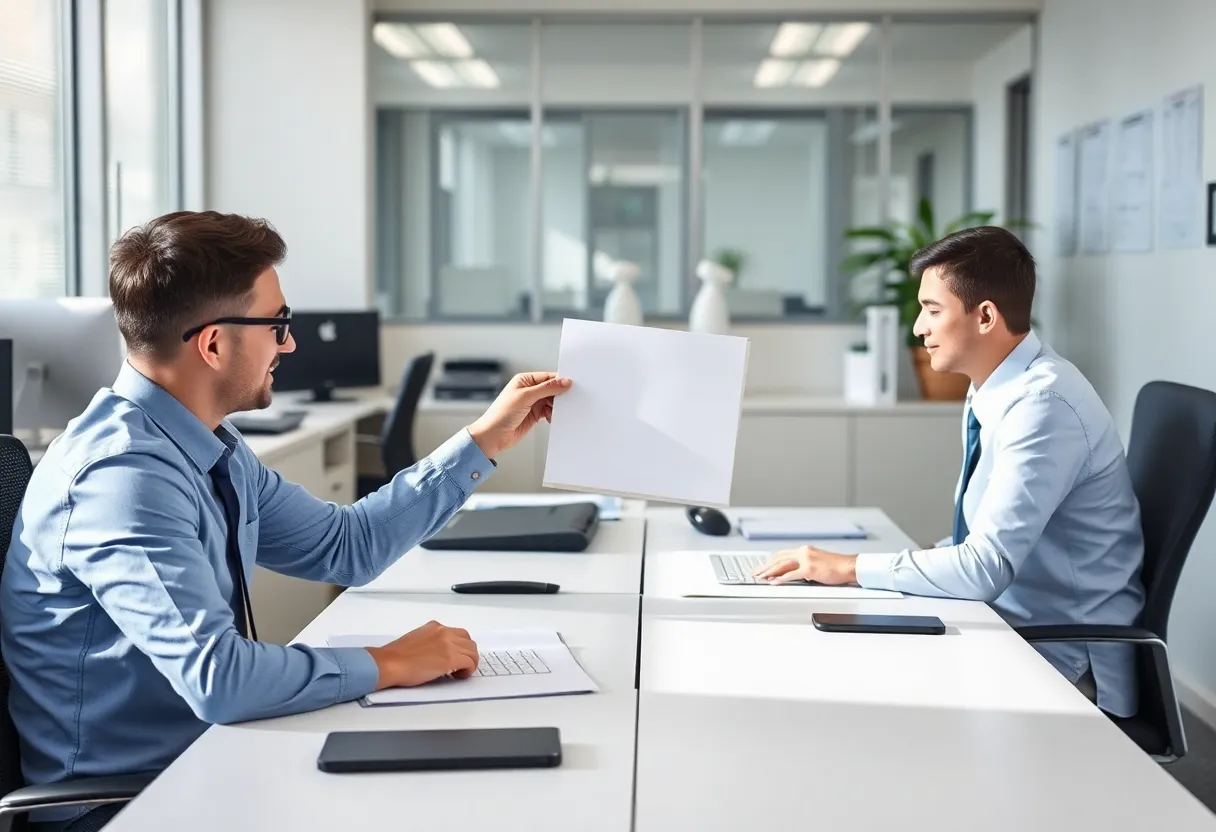 Two office desks with a folder passed between them