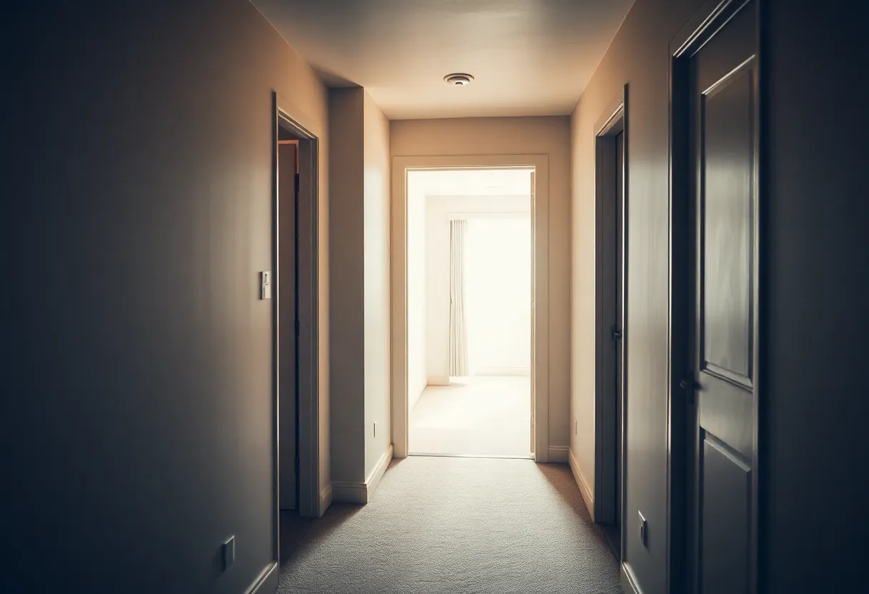 A small apartment hallway with two doorways