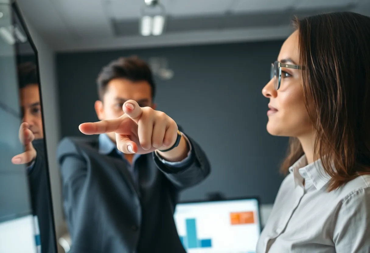 One person pointing at a screen while another person watches