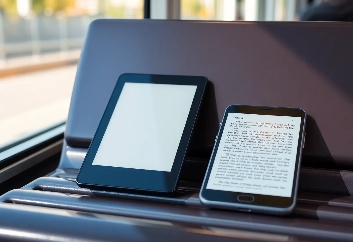 A pocket e-ink tablet and a smartphone face down on a bench